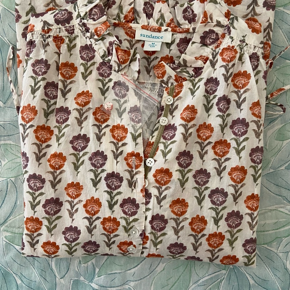 Sundance Ivory Floral Split-Neck Blouse with Orange and Purple Flowers - Picture 10 of 10